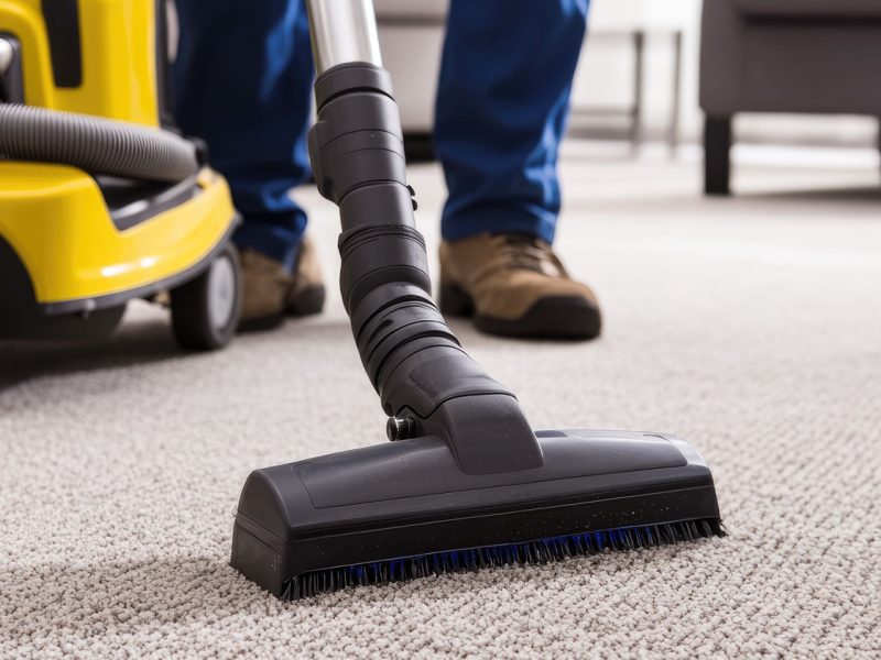 Inside a stylish apartment, a dedicated worker tackles stubborn dirt with a powerful vacuum, restoring the texture of beige-gray plush carpet while modern furniture complements the effort.