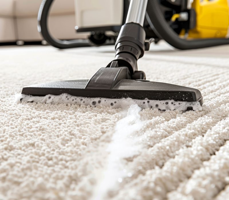 Steam cleaning a fluffy white carpet with a modern cleaner. Close-up on carpet cleaner at work. Concept of deep cleaning, stain removal, home hygiene, and professional cleaning service.
